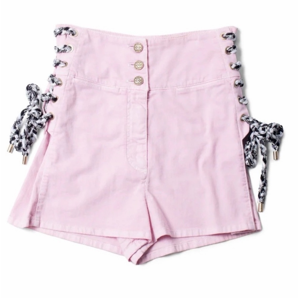 Auth CHANEL 2019 Cruise pink jean tweed cross ties high waist CC logo shorts 36